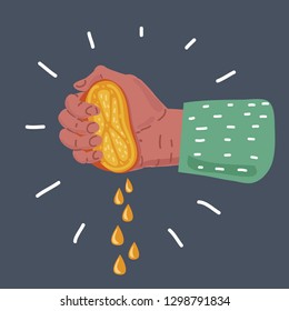 Vector cartoon illustration of Female hand squeezing half of lemon on dark background