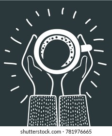 Vector cartoon illustration of female hands and a cup of coffee on. Top view. Modern concept in black and white colors.