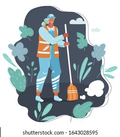 Vector cartoon illustration of female Street Cleaner. Woman character in night or early morning is swiping by broom.