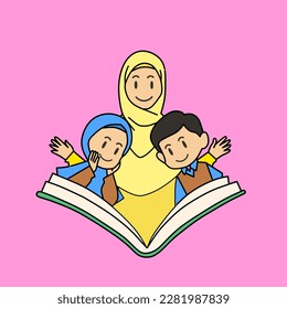 vector cartoon illustration of a female teacher and student inviting to read a book