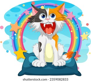 A vector cartoon illustration of a feral cat with its mouth open, revealing sharp teeth, against a fantasy background