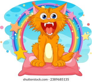 A vector cartoon illustration of a feral cat against a fantasy background