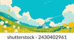 Vector cartoon Illustration of field with farm houses. Blue sky with clouds and green grass with flowers. Anime countryside spring background