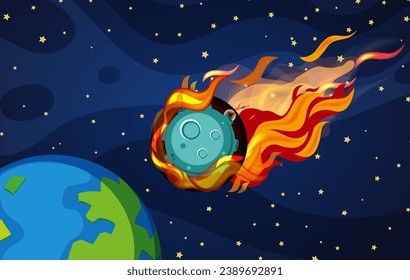Dibujo vectorial de objetos espaciales encendidos que se dirigen hacia nuestro planeta