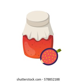 Vector cartoon illustration with fig jam jar. Sweet jelly marmalade glass bottle. Homemade sugar preserves icon. Fruit food object