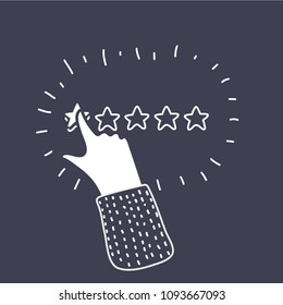 Vector cartoon illustration of Finger of human hand awarding a low 1 star rating. Neative rank for service or goods. Black and white outline concept on dark background.