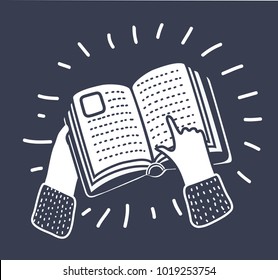 Vector cartoon illustration of finger point at book, a hand pointing at a book icon. Black and white illustration on dark background in modern style.