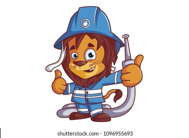 Vector cartoon illustration of fire brigade lion character. Isolated on white background.