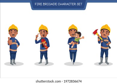 Vector cartoon illustration of fire brigade character set on white background.