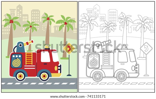 vector cartoon\
illustration of fire truck with palm tree on building background,\
coloring book or page