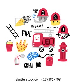 Vector cartoon illustration of firefighting characters, fire truck, extinguisher, hydrant and fire.