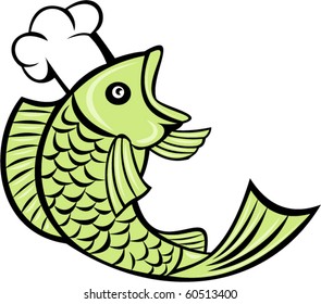 vector cartoon illustration of a fish cook chef baker