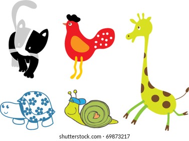 Vector cartoon illustration of five cute safari animals - Giraffe, cat, cock, snail and turtle