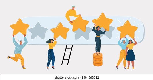 Vector cartoon illustration of Five stars rating concept. People are holding stars over the heads. Users and client users rate the product. Tiny character on white background.