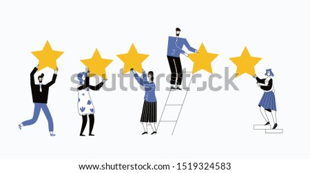 Vector cartoon illustration of Five stars rating concept. People are holding stars over the heads. Users and client users rate the product. Tiny character on white background.