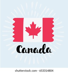 Vector cartoon illustration. Flag of Canada. Checkpoint symbol for travelers. Sticker with hand drawn lettering name of the country for greeting cards, posters, patches, prints for clothes, emblems