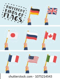 Vector Cartoon Illustration Of Flag In Hand Icons Set. Human Hands Holding Flags Of Different Countries, Vector Illustration. Germany, England, Japan, Russia, Canada, France, USA, Italy