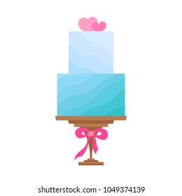 Vector cartoon illustration with flat celebration cake. Sweet bakery food, dessert icon for celebration. Happy anniversary party or wedding object. Cute cakes with cream and ribbons