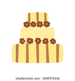 Vector cartoon illustration with flat celebration cake. Sweet bakery food, dessert icon for celebration. Happy anniversary party or wedding object. Cute cakes with cream flowers