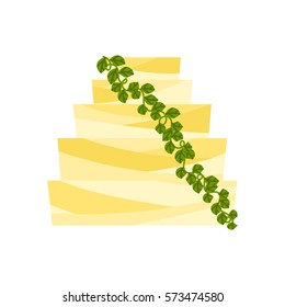Vector cartoon illustration with flat celebration cake. Sweet bakery food, dessert icon for celebration. Happy anniversary party or wedding object. Cute cakes with leaves garland and cream