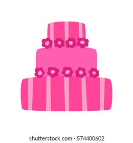 Vector cartoon illustration with flat celebration cake. Sweet bakery food, dessert icon for celebration. Happy anniversary party or wedding object. Cute cakes with cream flowers
