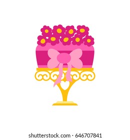 Vector cartoon illustration with flat celebration cake. Sweet bakery food, dessert icon for celebration. Happy anniversary party or wedding object. Cute cakes with cream flowers and ribbons