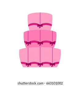 Vector cartoon illustration with flat celebration cake. Sweet bakery food, dessert icon for celebration. Happy anniversary party or wedding object. Cute cakes with cream ribbons