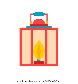 Vector cartoon illustration with flat lantern. Decorative source of light. Handle gas or oil lamp. Camping lantern isolated on white background