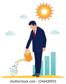 Vector cartoon illustration, flat style, business promotion, advertising, business promotion and development. businessman watering seedling-your business resources money, people, advertising, idea