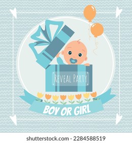 Vector cartoon illustration in flat style, holiday card. Baby showergender, 
Reveal party,
Gender reveal partym.