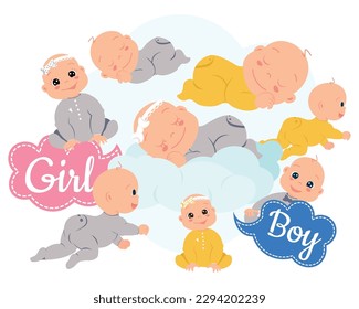 Vector cartoon illustration in flat style, holiday card. Baby shower gender, 
Reveal party,
Gender reveal partym.