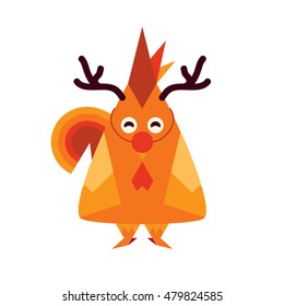 Vector cartoon illustration, flat style. Cute red rooster in Santa deer outfit, nose and horn. Art of holiday bird, festive element for design. Flat animal object isolated on white background