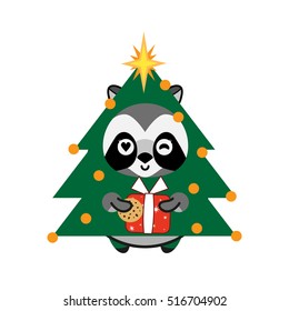 Vector cartoon illustration, flat style. Cute raccoon in Christmas tree masquerade outfit, with cookie and present. Kawaii smiling raccoon, element for cute design. Flat animal art