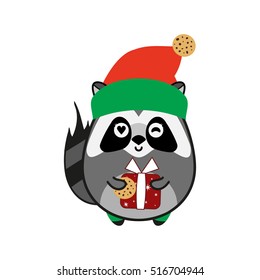 Vector cartoon illustration, flat style. Pretty raccoon in Elf red and green hat, with cookie and present. Kawaii smiling raccoon, element for cute design. Flat animal art