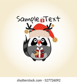 Vector cartoon illustration, flat style. Cute raccoon in red hat, deer horns and red nose, with cookie and present. Template for logo or banners