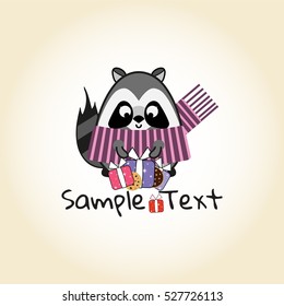 Vector cartoon illustration, flat style. Cute raccoon in stripped winter scarf with cookie and presents. Template for logo or banners