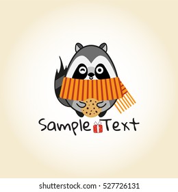 Vector cartoon illustration, flat style. Cute raccoon in stripped winter scarf with cookie. Template for logo or banners