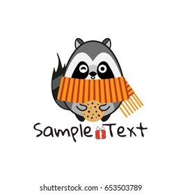 Vector cartoon illustration, flat style. Cute raccoon in stripped winter scarf with cookie. Kawaii smiling raccoon, element for kids design. Cartoon art for holiday banners, logo, emblems