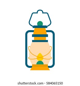 Vector cartoon illustration with flat vintage lantern. Decorative source of light. Handle gas or oil lamp. Camping lantern isolated on white background