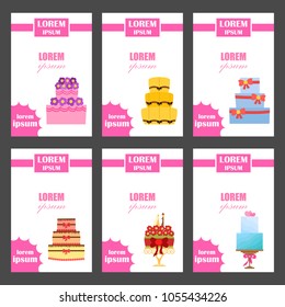 Vector cartoon illustration with flat wedding cakes background. Sweet bakery food, dessert icon for celebration. Anniversary party or wedding object. Cute cakes with flowers, ribbons, cream, chocolate