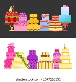 Vector cartoon illustration with flat wedding cakes background. Sweet bakery food, dessert icon for celebration. Anniversary party or wedding object. Cute cakes with flowers, ribbons, cream, chocolate
