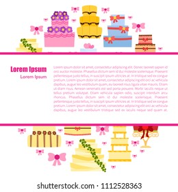 Vector cartoon illustration with flat wedding cakes background. Sweet bakery food, dessert icon for celebration. Anniversary party or wedding object. Cute cakes with flowers, ribbons, cream, chocolate