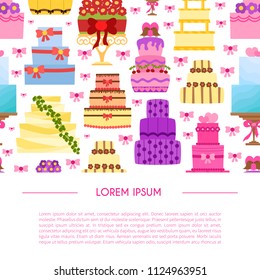 Vector cartoon illustration with flat wedding cakes background. Sweet bakery food, dessert icon for celebration. Anniversary party or wedding object. Cute cakes with flowers, ribbons, cream, chocolate