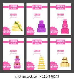 Vector cartoon illustration with flat wedding cakes background. Sweet bakery food, dessert icon for celebration. Anniversary party or wedding object. Cute cakes with flowers, ribbons, cream, chocolate
