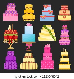 Vector cartoon illustration with flat wedding cakes set. Sweet bakery food, dessert icon for celebration. Happy anniversary party or wedding object. Cute cakes with flowers, ribbons, cream, chocolate