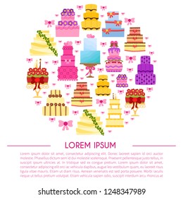 Vector cartoon illustration with flat wedding cakes background. Sweet bakery food, dessert icon for celebration. Anniversary party or wedding object. Cute cakes with flowers, ribbons, cream, chocolate