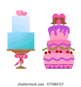 Vector cartoon illustration with flat wedding cakes set. Sweet bakery food, dessert icon for celebration. Happy anniversary party or wedding object. Cute cakes with flowers, ribbons, cream, chocolate