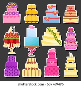 Vector cartoon illustration with flat wedding cakes set. Sweet bakery food, dessert icon for celebration. Happy anniversary party or wedding object. Cute cakes with flowers, ribbons, cream, chocolate