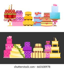 Vector cartoon illustration with flat wedding cakes background. Sweet bakery food, dessert icon for celebration. Anniversary party or wedding object. Cute cakes with flowers, ribbons, cream, chocolate