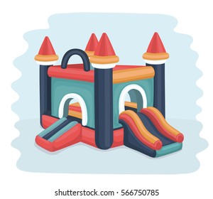 Vector cartoon illustration of in flatable castle trampoline in bright color.